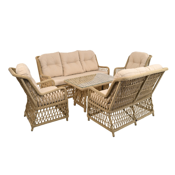 Комплект RIVIERA (Кресло 2шт, Диван 2-местный 1шт, Диван 3-местный 1шт, стол кофейный 70х110хН60) (Эрба твист грано, Алюминий , Prima песочный)