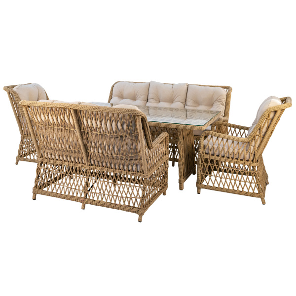 Комплект RIVIERA (Кресло 2шт, Диван 2-местный 1шт, Диван 3-местный 1шт, стол 100х180хН76) (Эрба твист грано, Алюминий , Prima айсбери)